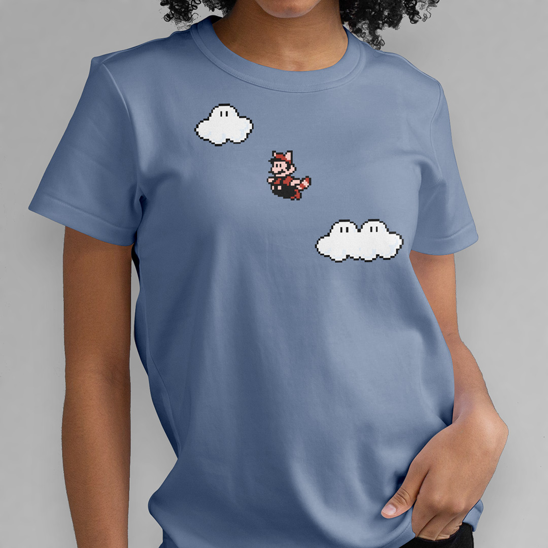 Nintendo_SuperMarioBros3_FlyMarioFly_MockUp_Wearing_BlueTee_Woman_1080x1080px