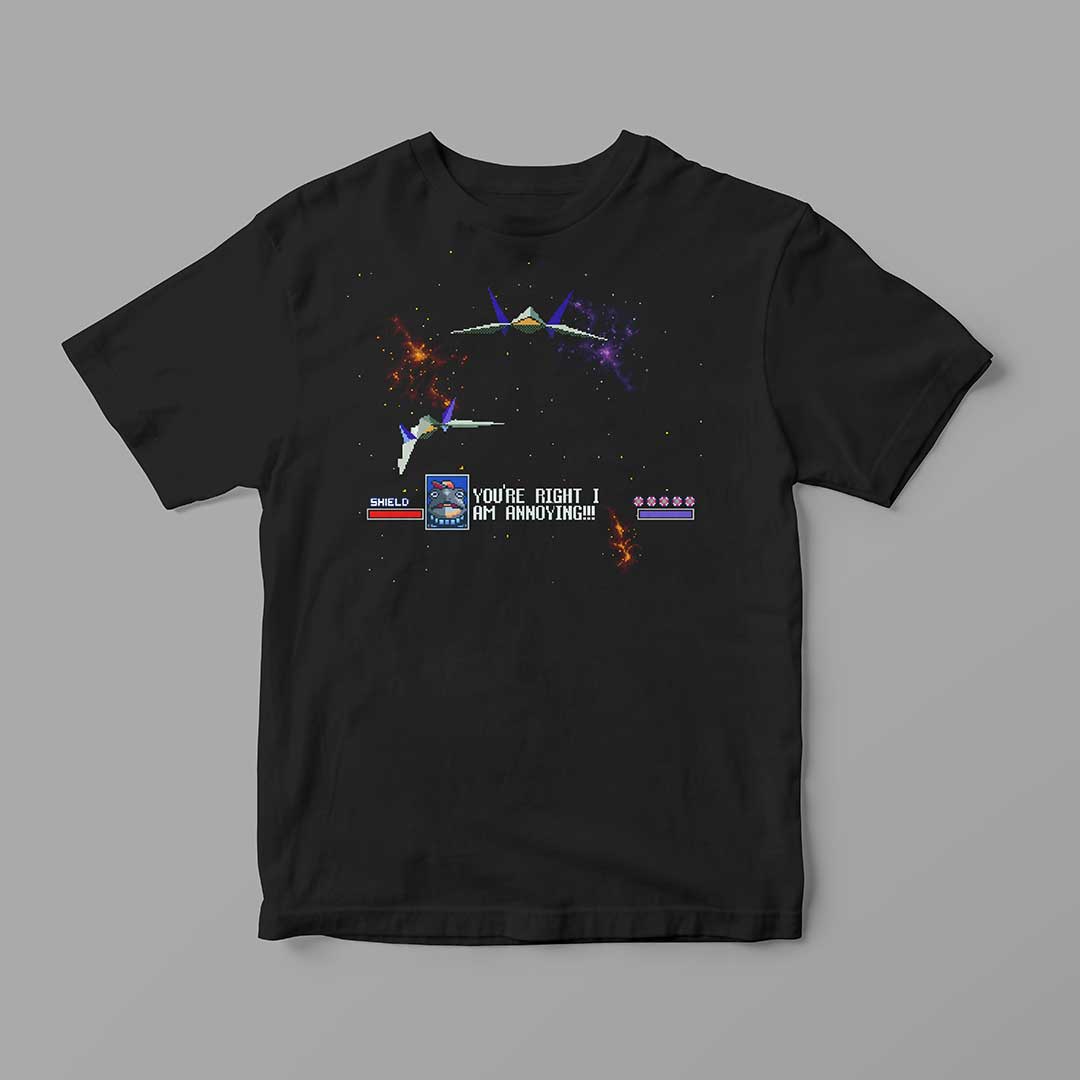 Nintendo_Starfox_Sprites_AmIAnnoying_MockUp_Flat_BlackTee_RGB